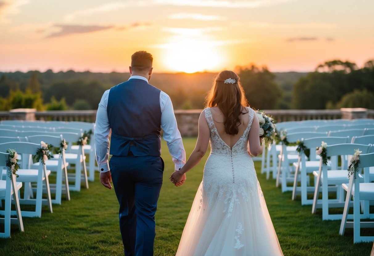 A couple walking away from a wedding venue, with the sun setting in the background, indicating their decision to skip the event