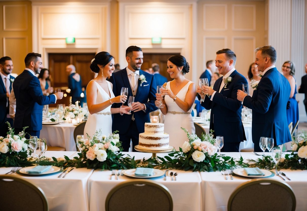 A decorated reception hall with tables set for a celebration, a cake, and flowers. Guests mingle and toast the newlyweds