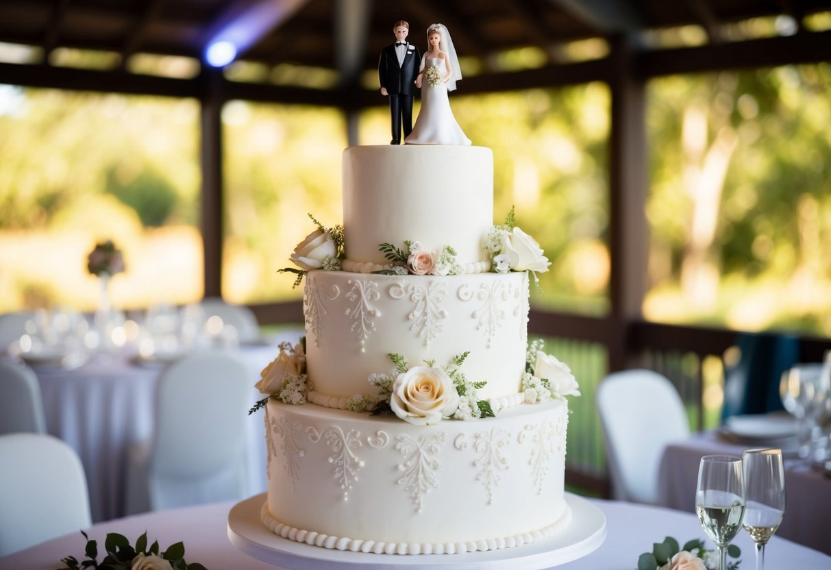 A three-tiered white wedding cake adorned with intricate floral designs and a bride and groom cake topper