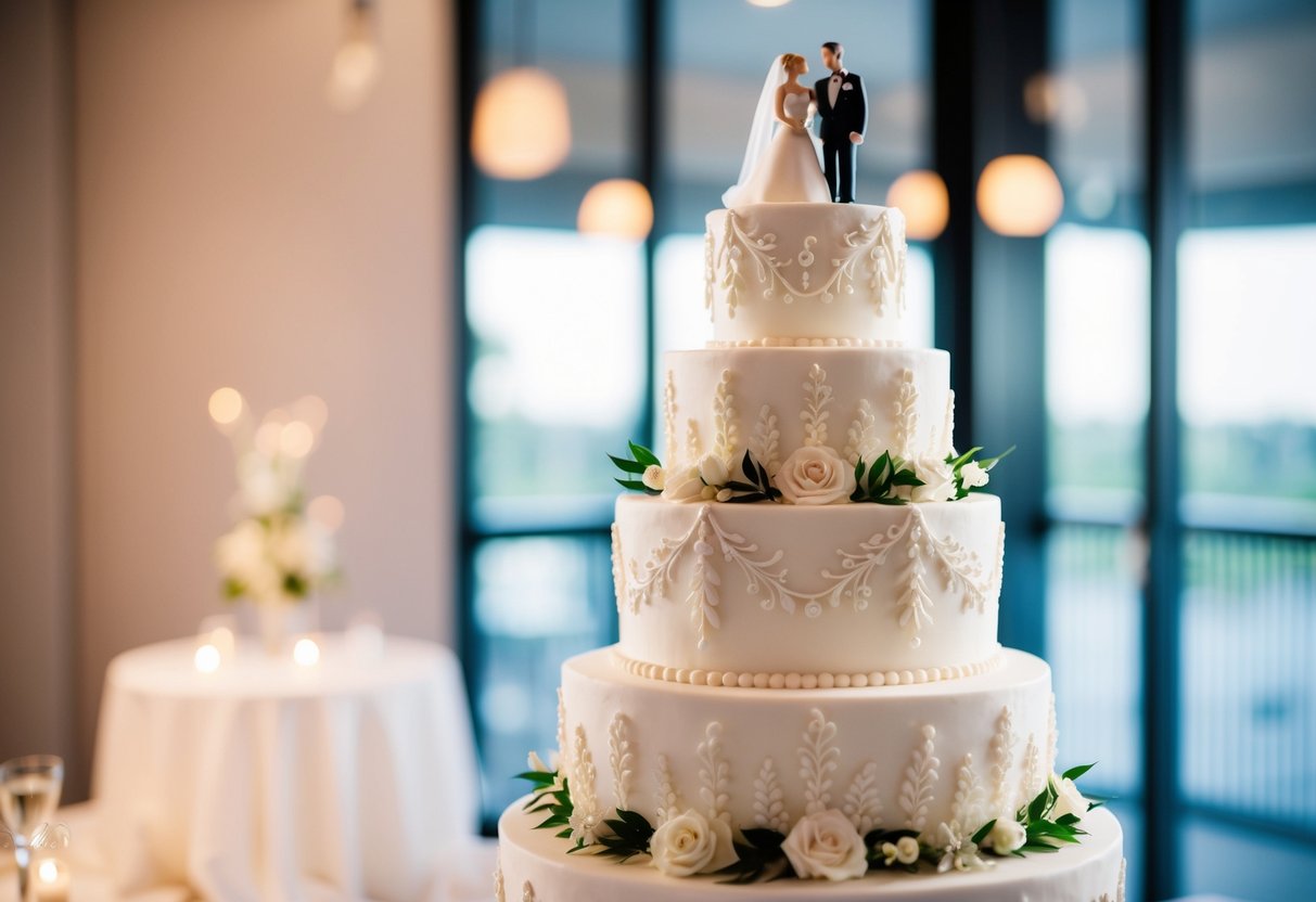 A three-tiered white wedding cake adorned with intricate floral designs and topped with a miniature bride and groom figurine