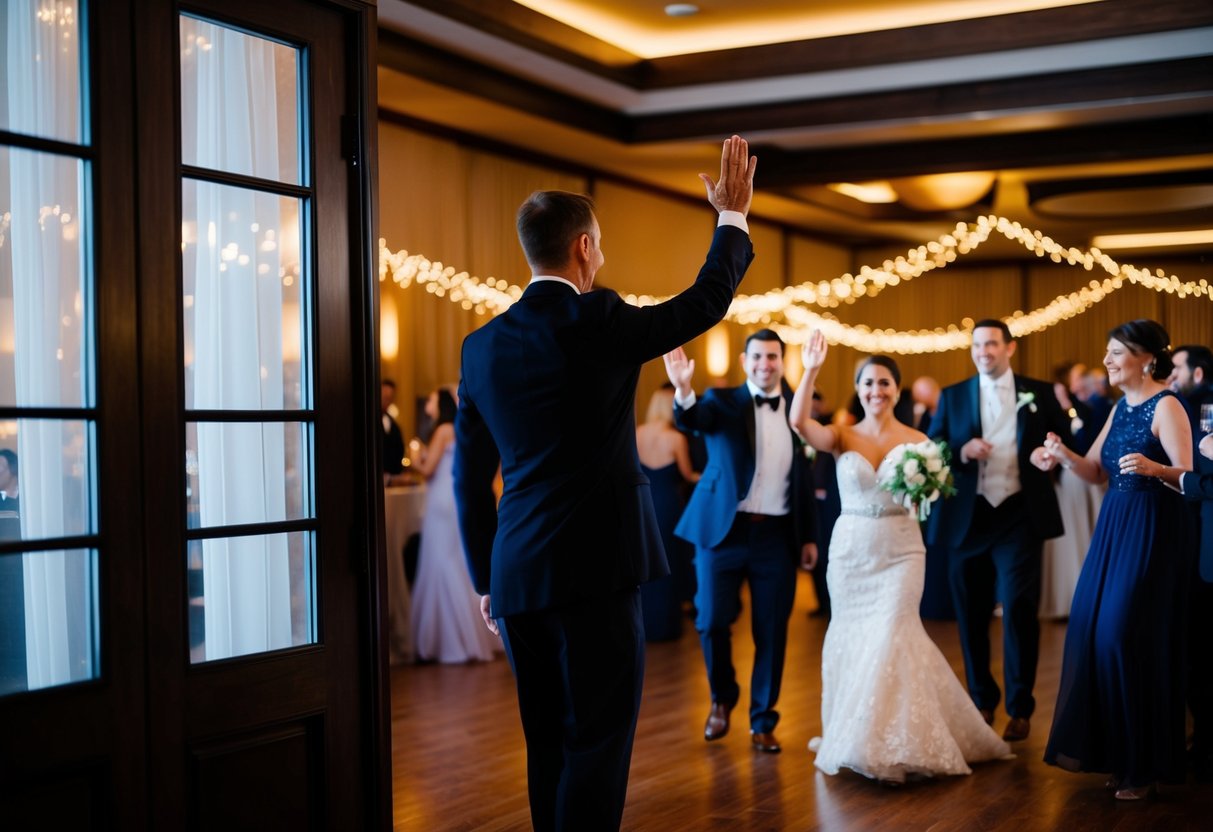 A figure stands at the door of a dimly lit reception hall, waving goodbye as guests continue to dance and celebrate inside