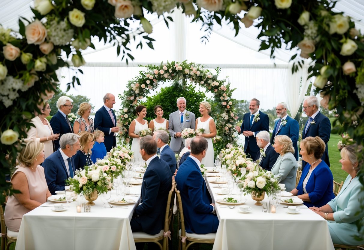 Family and friends gather under a floral arch for the wedding breakfast celebration. Tables are adorned with elegant centerpieces and delicate place settings