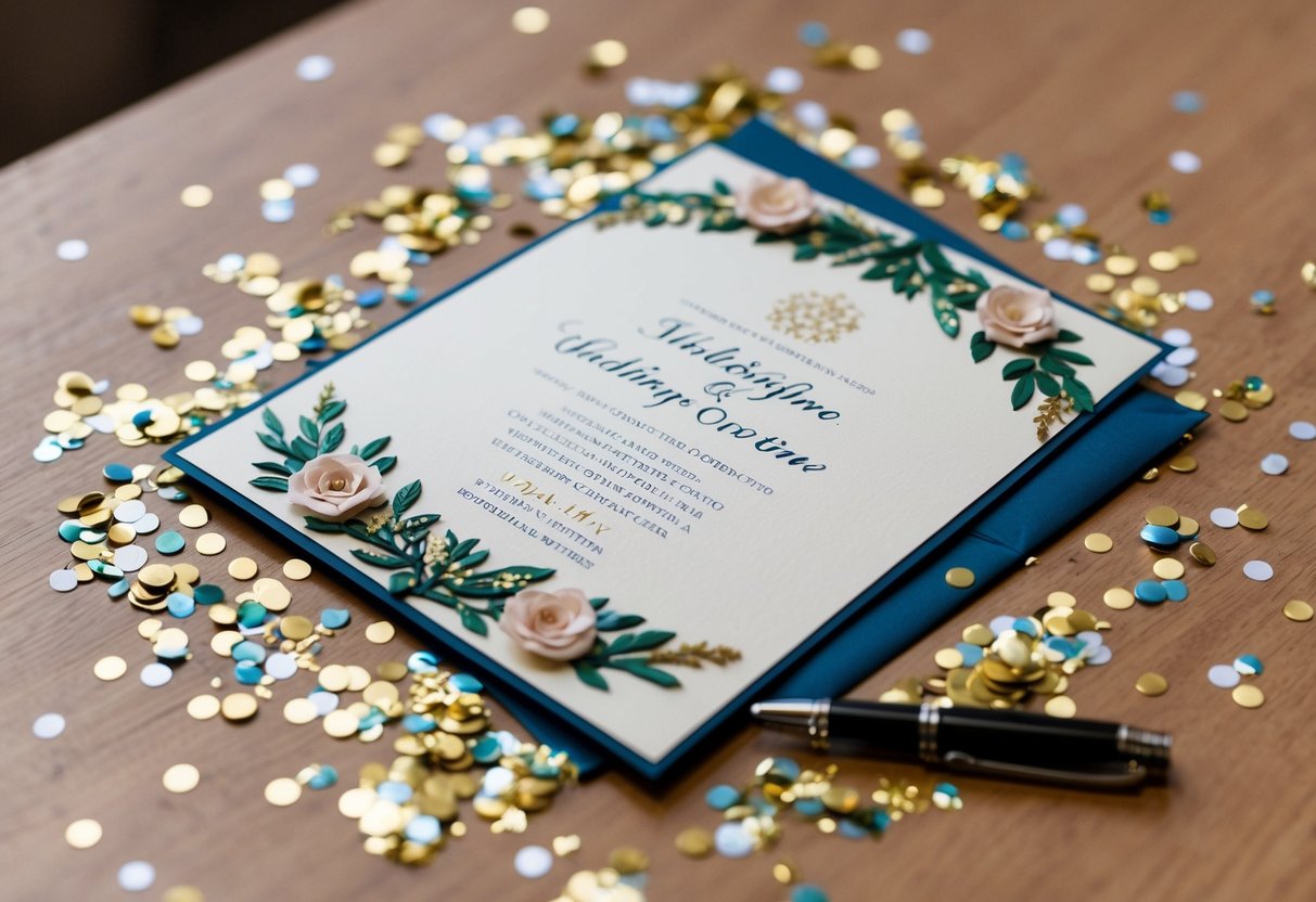 A beautifully decorated wedding invitation lying on a table, surrounded by scattered confetti and a pen left uncapped