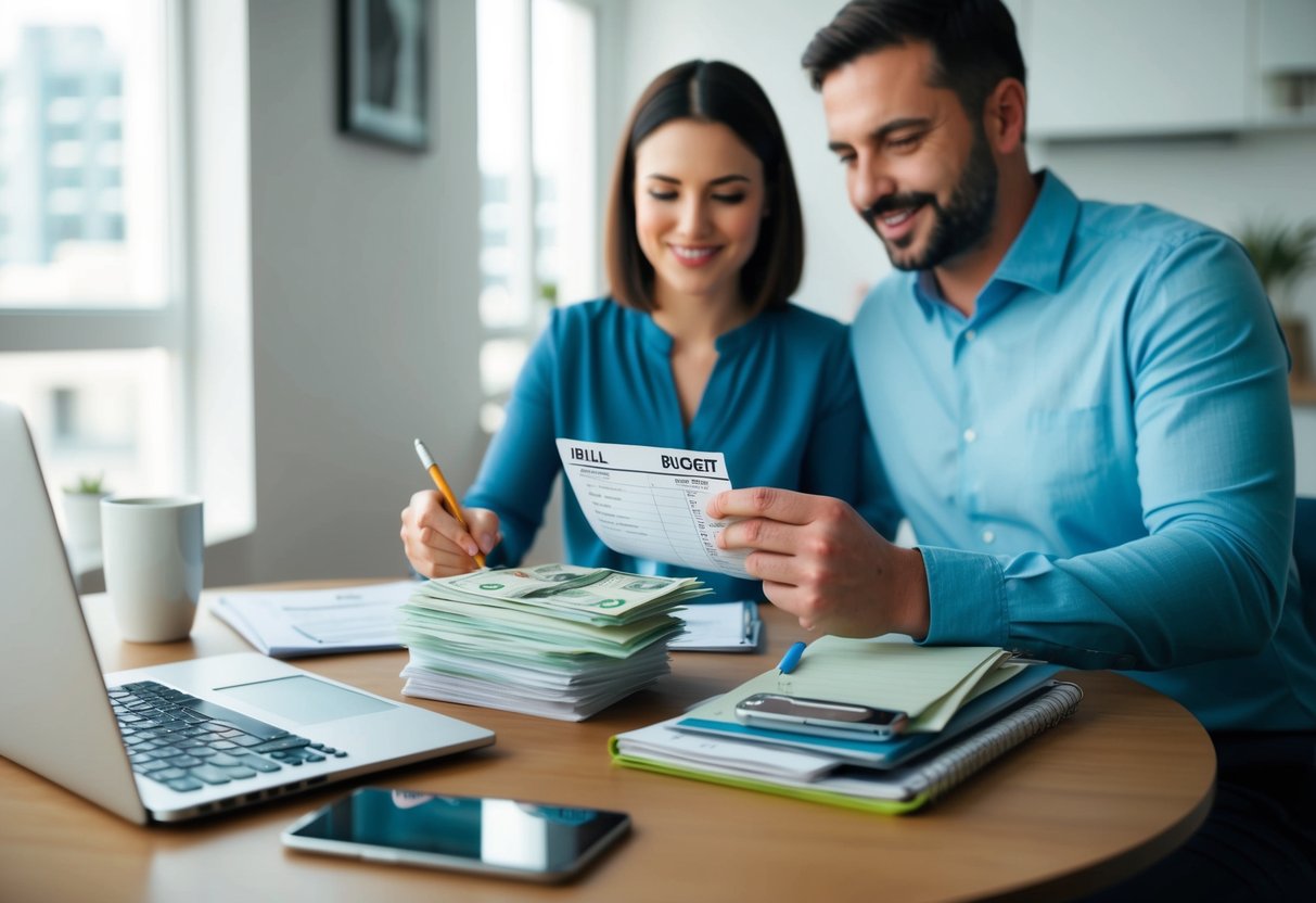 A couple sits at a table with a stack of bills and a notebook, calculating expenses and income. A budget spreadsheet is open on a laptop