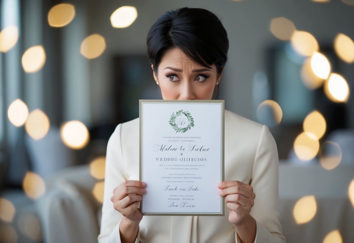 A person standing with a hesitant expression in front of a wedding invitation, with a thoughtful look on their face