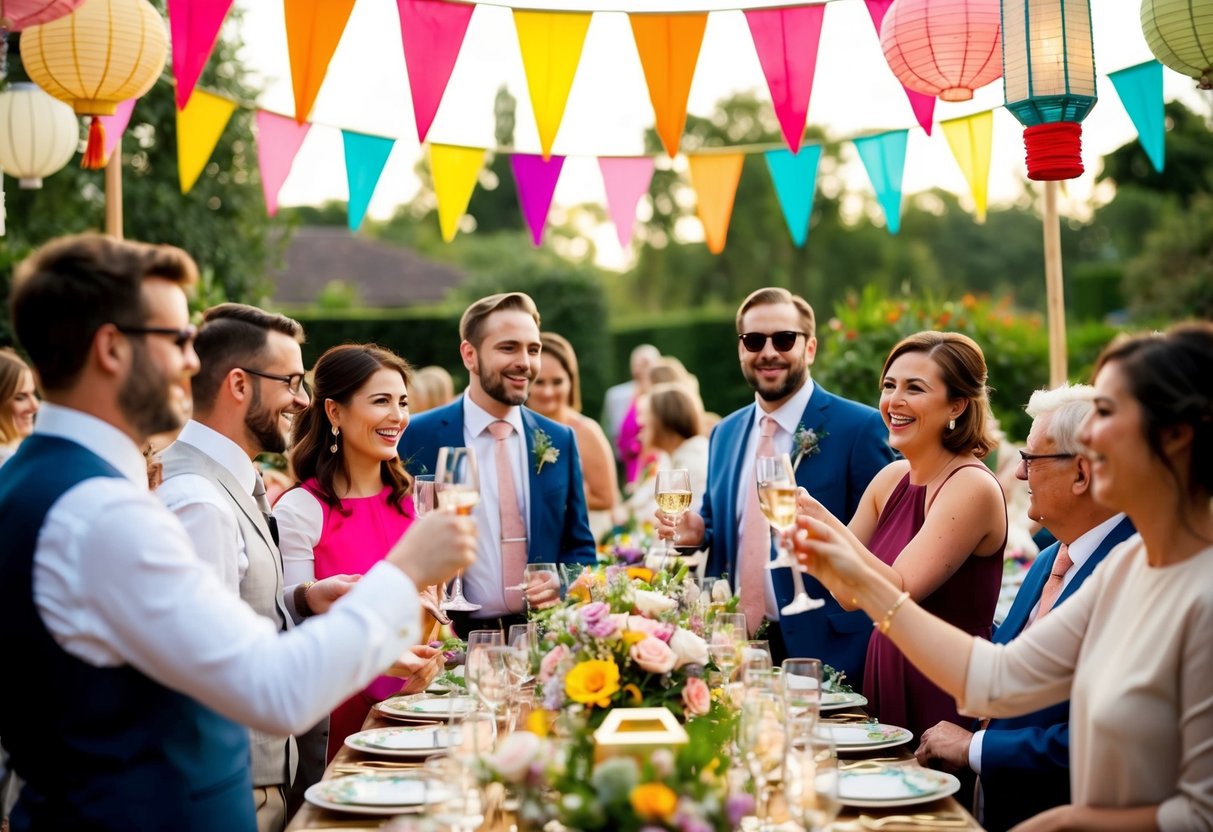 Guests mingle under colorful banners and lanterns, laughing and clinking glasses. Tables are adorned with floral centerpieces and delicate place settings