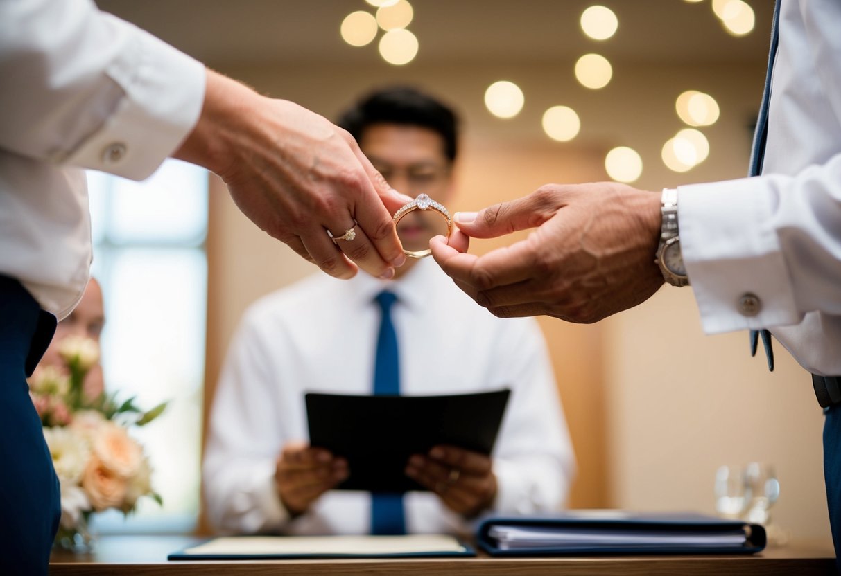 A wedding ring being exchanged between two individuals in front of a registrar