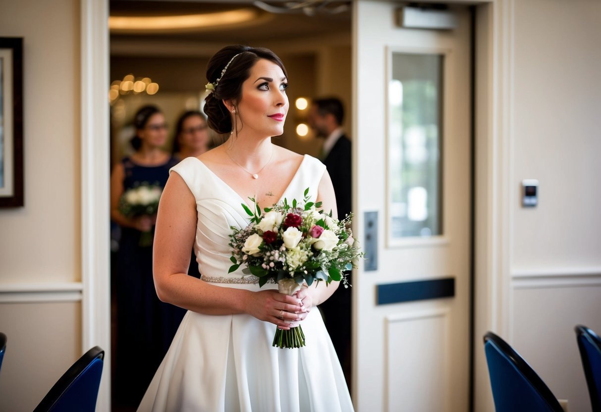 A bridesmaid standing in a wedding venue, looking hesitant as she glances at the exit, holding a bouquet of flowers