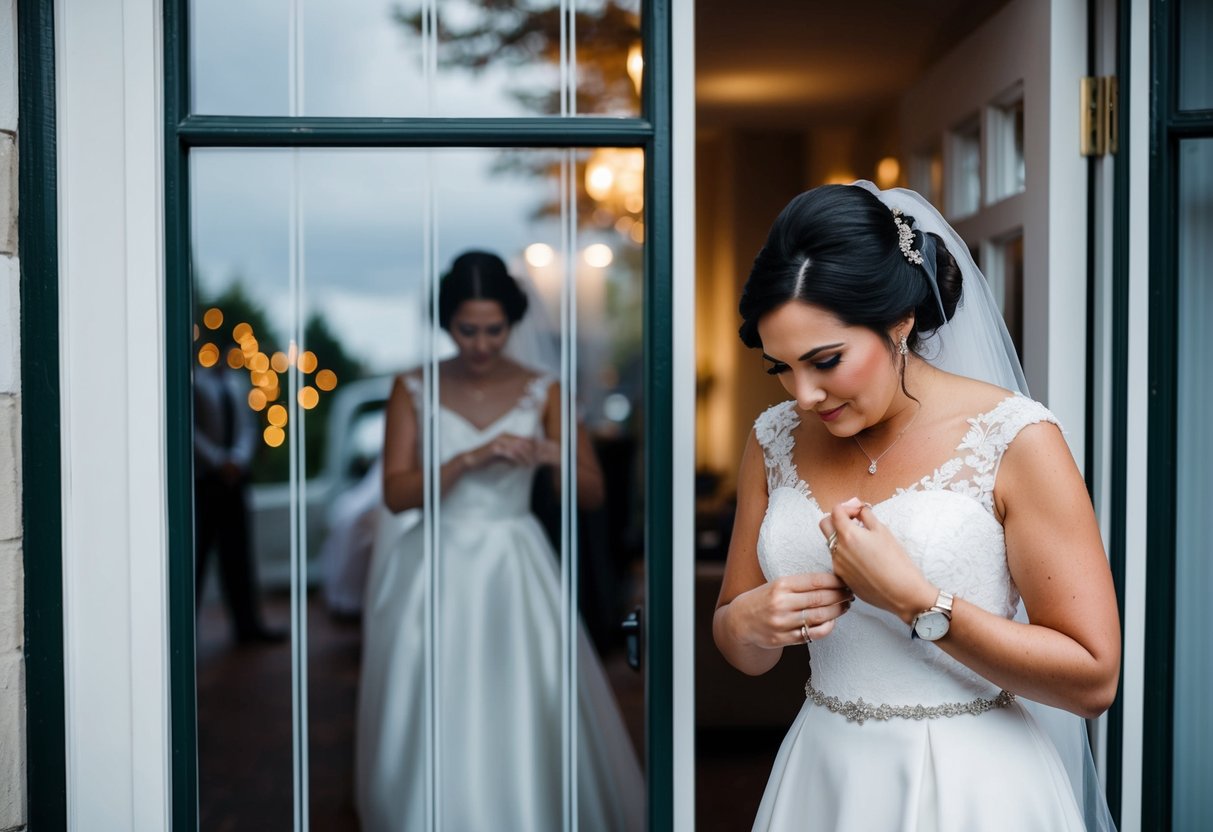 A bridesmaid discreetly slipping out the back door of a wedding venue, checking her watch and adjusting her dress