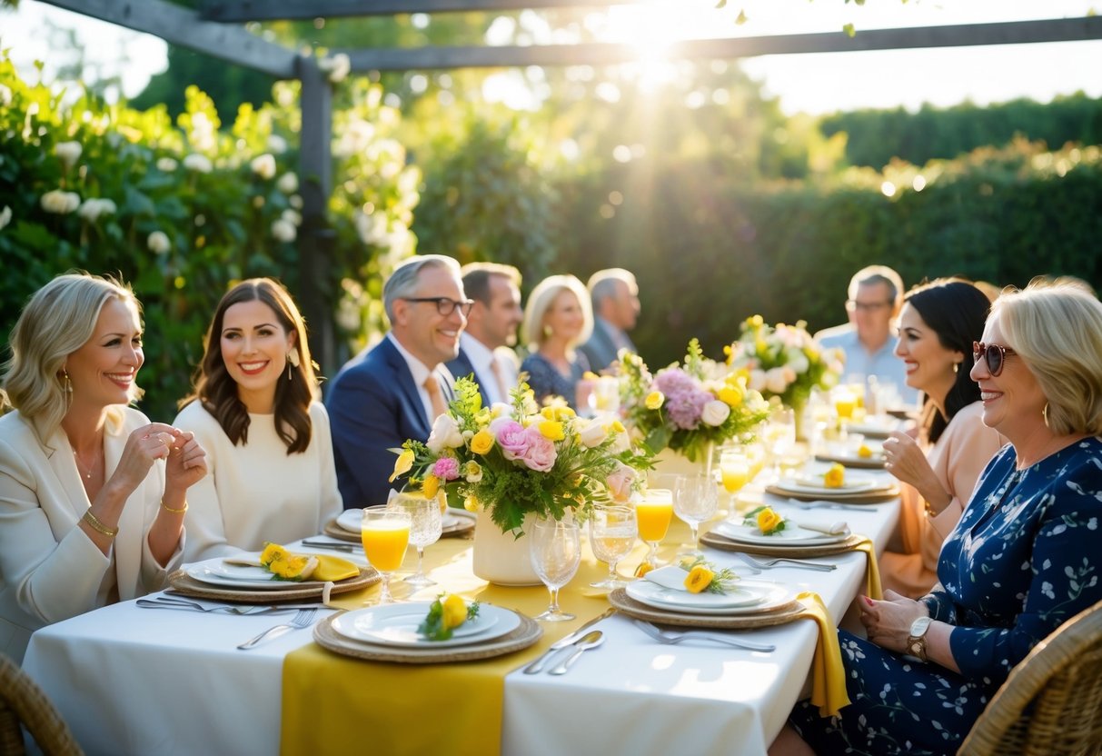 A sunlit garden with tables set for brunch, adorned with flowers and elegant place settings. Guests chat and laugh, enjoying a leisurely meal