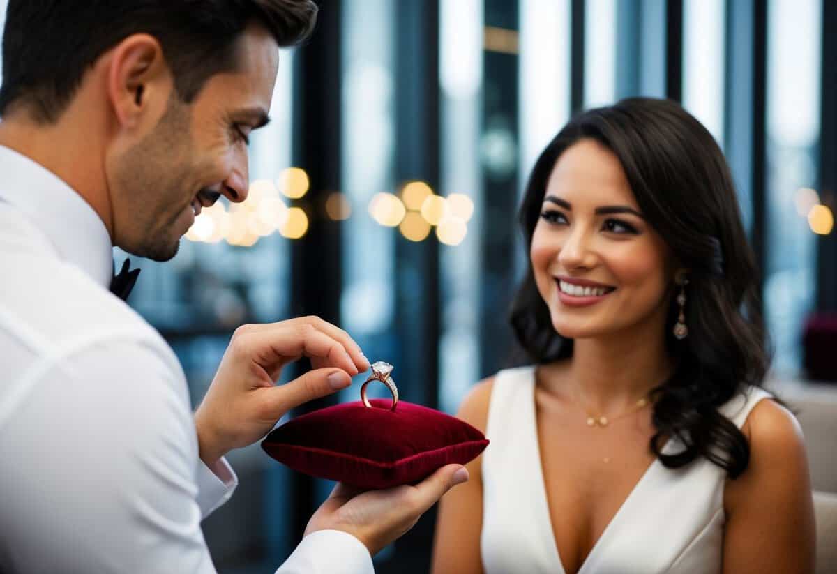 A man places a ring on a velvet cushion, while a woman watches with a smile
