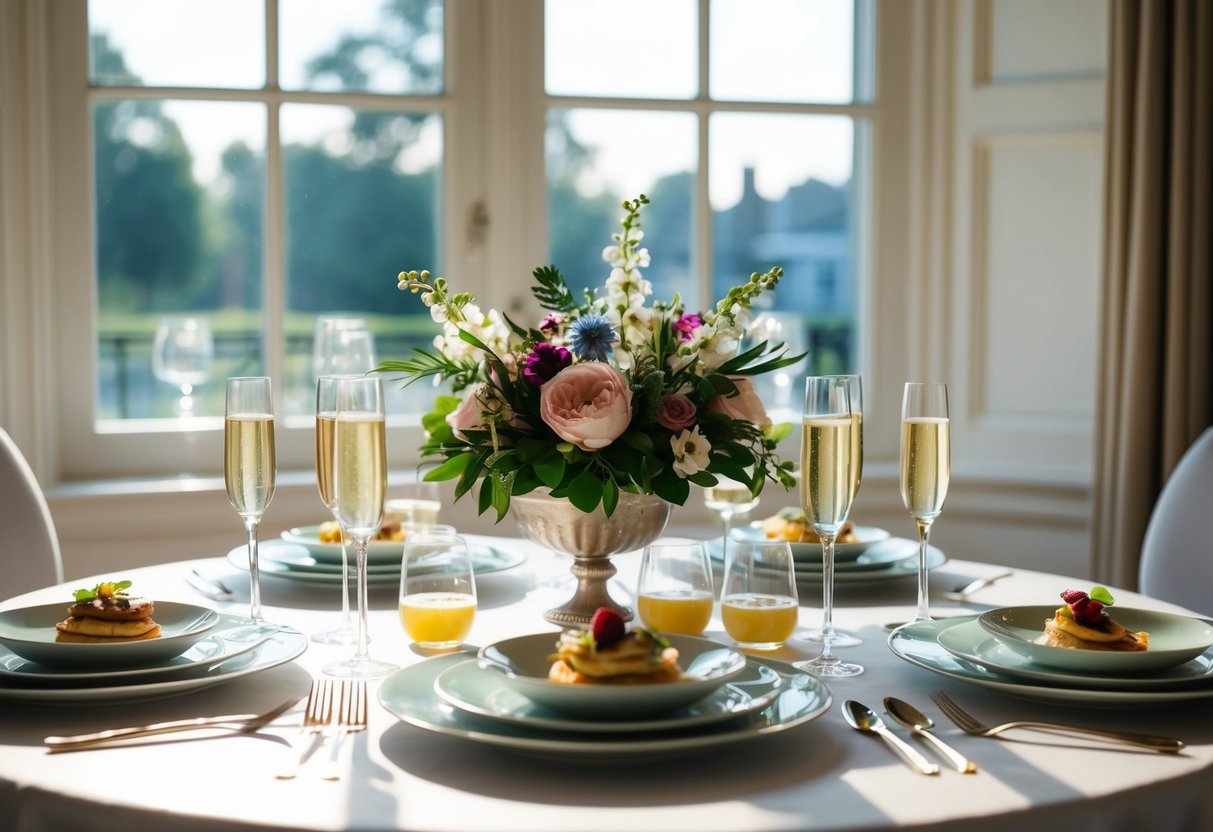A table set with elegant brunch dishes, surrounded by empty champagne glasses and floral centerpieces, as the morning sunlight streams through the windows