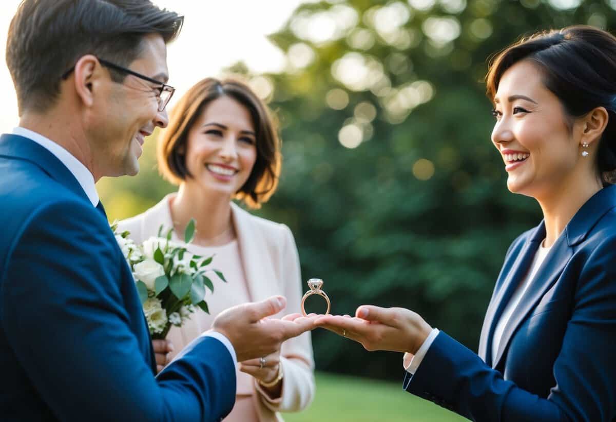 A person presenting a wedding ring to another person, with both individuals looking happy and excited