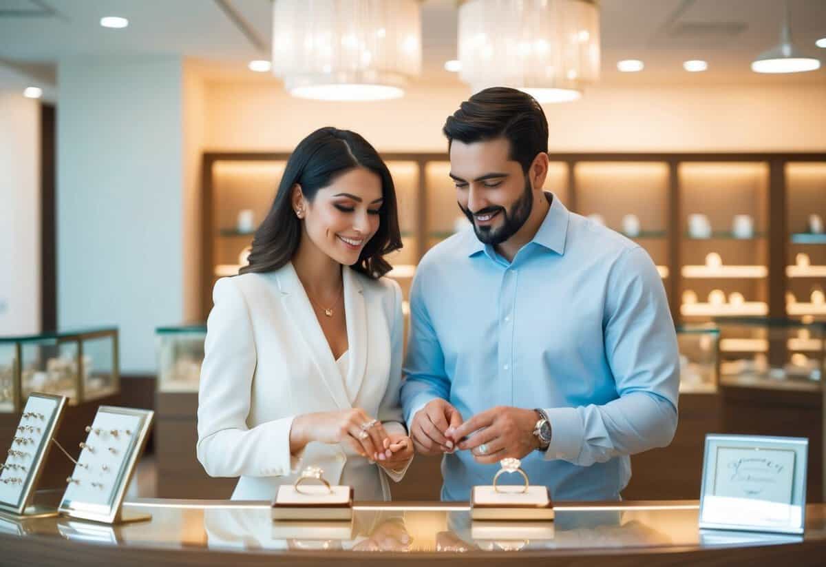 A couple comparing prices at jewelry store for wedding rings