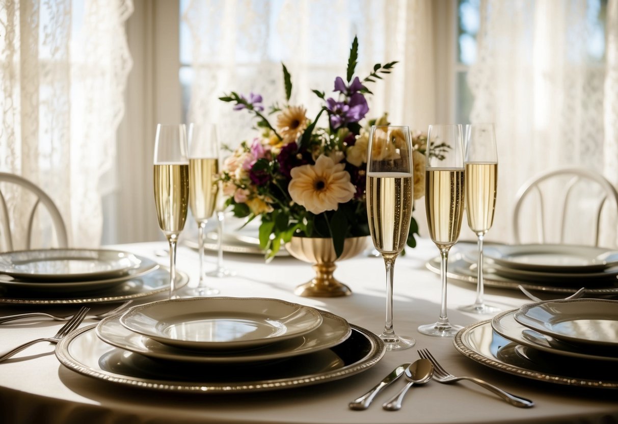 A table set with elegant dishes, flowers, and champagne flutes. Sunlight streams through lace curtains, creating a warm and inviting atmosphere