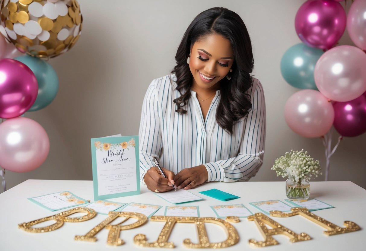 A woman writing a check with a bridal shower invitation and decorations spread out on a table
