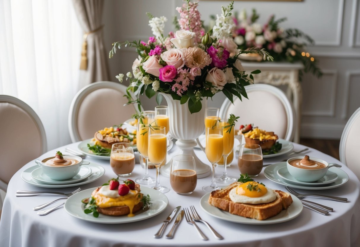 A table set with a variety of brunch dishes and beverages, including mimosas and coffee, surrounded by elegant decor and floral arrangements