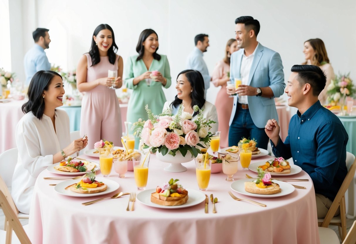 A table set with pastel tablecloth, floral centerpieces, and a spread of brunch foods and drinks. Guests mingle and laugh in a bright, airy space