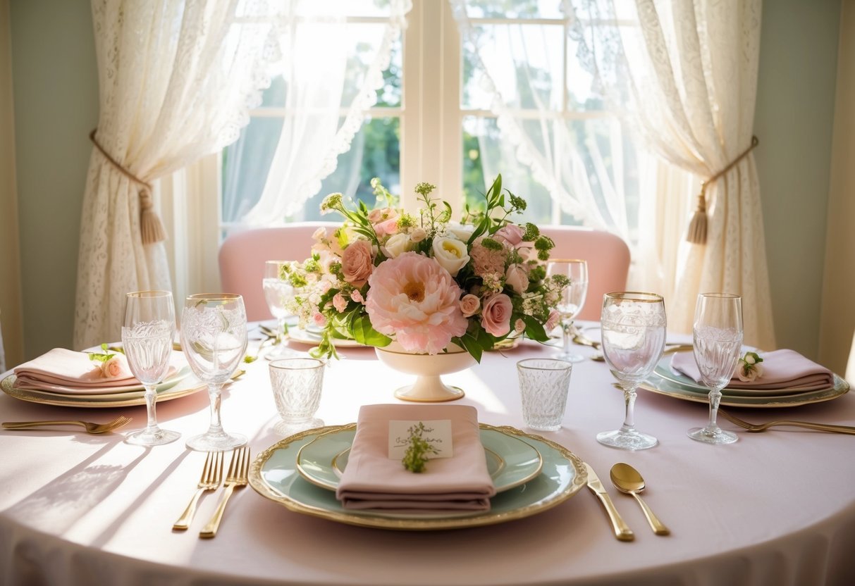 A table set with pastel linens, fresh flowers, and elegant place settings. Sunlight streams in through lace curtains, casting a warm glow over the room