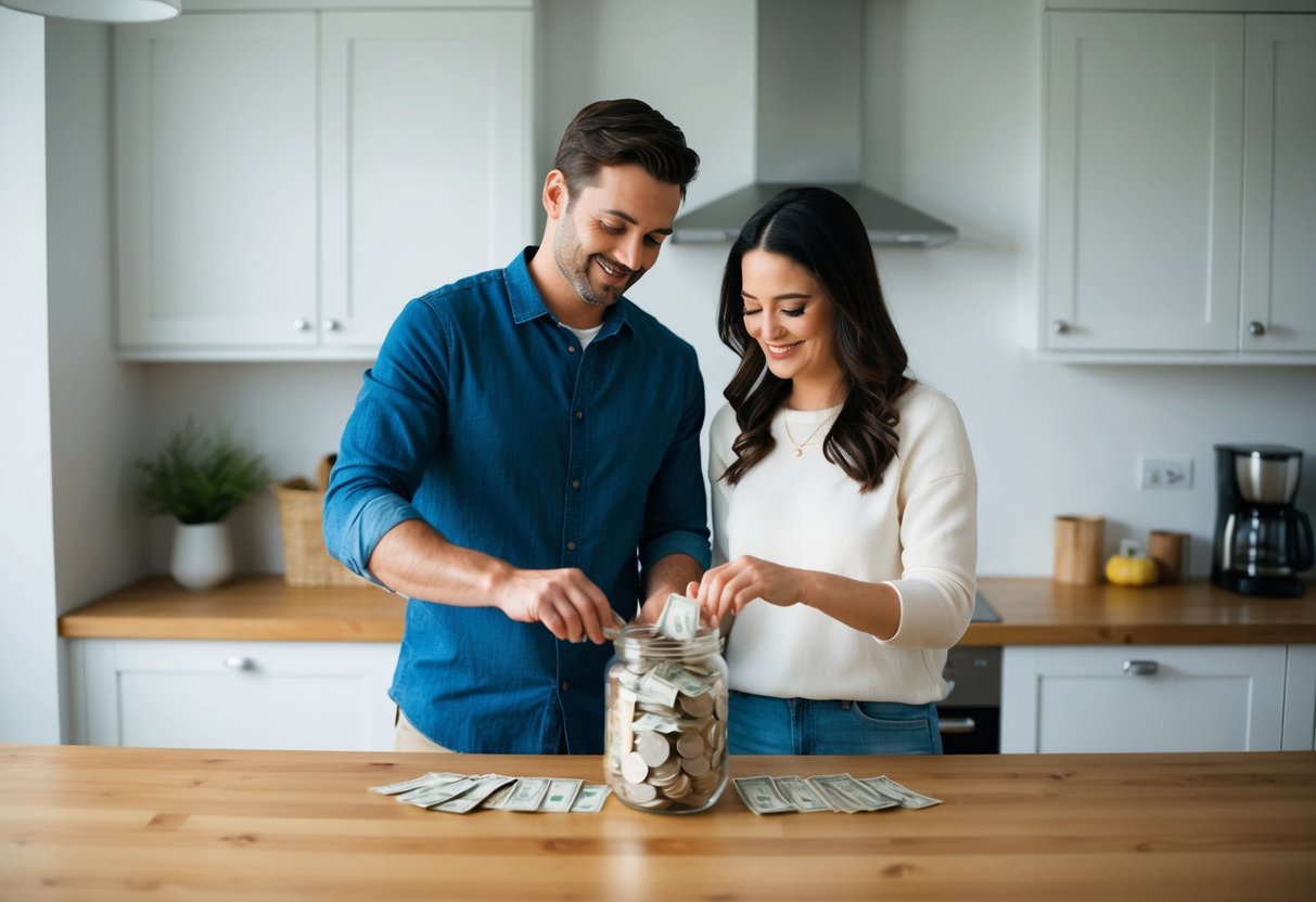 A man and woman stand together, placing money into a shared wedding fund jar on their kitchen counter