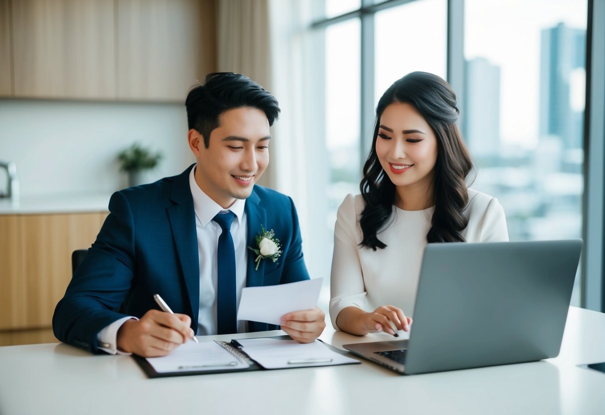 A couple sitting at a table, dividing wedding expenses. One person holds a pen and paper, while the other looks at a laptop