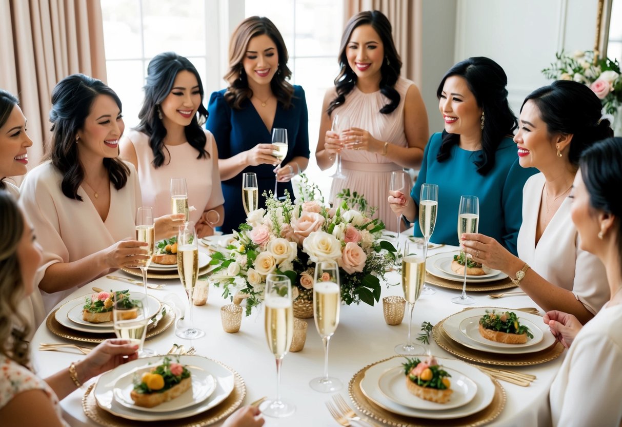 A group of women gather around a beautifully set table with floral centerpieces and elegant place settings. Champagne flutes and plates of delicious food are arranged for a bridal brunch celebration
