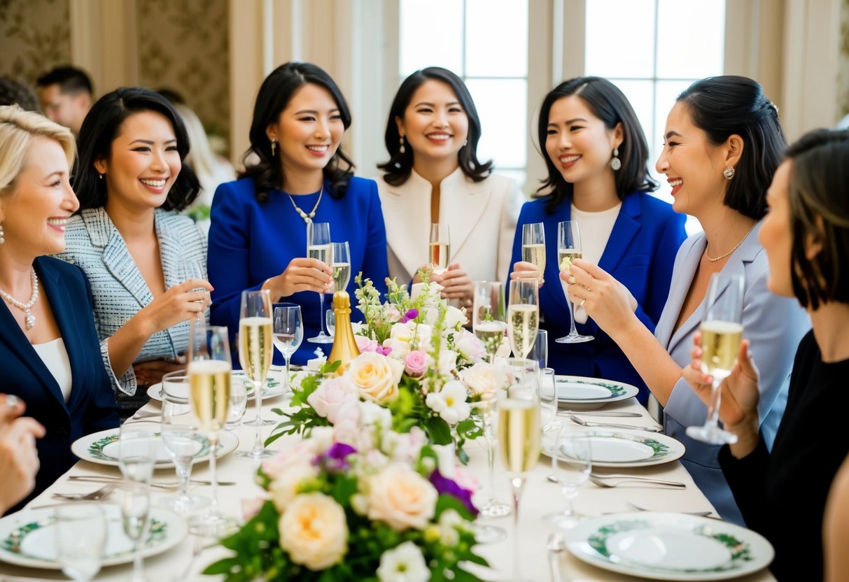 A group of elegantly set tables with floral centerpieces, fine china, and champagne glasses. Surrounding the tables are smiling women in stylish attire, engaged in lively conversation