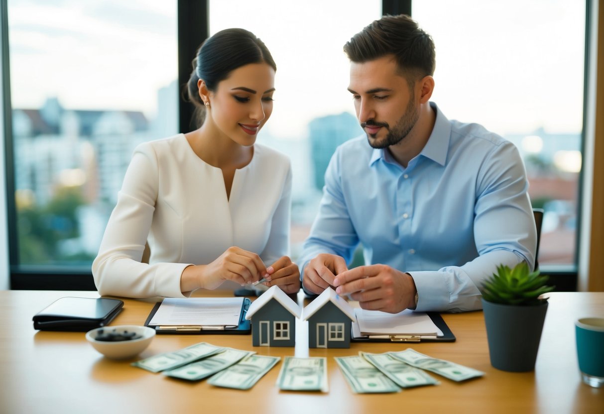 A couple sits at a table, reviewing a budget with wedding and household expenses laid out in front of them. They discuss who will cover each cost