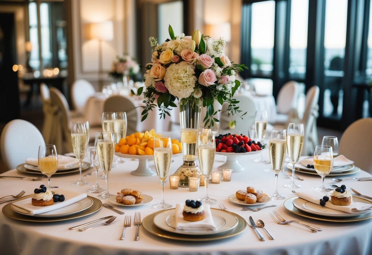A table set with elegant place settings and floral centerpieces, with a champagne tower and a spread of delicious pastries and fruits