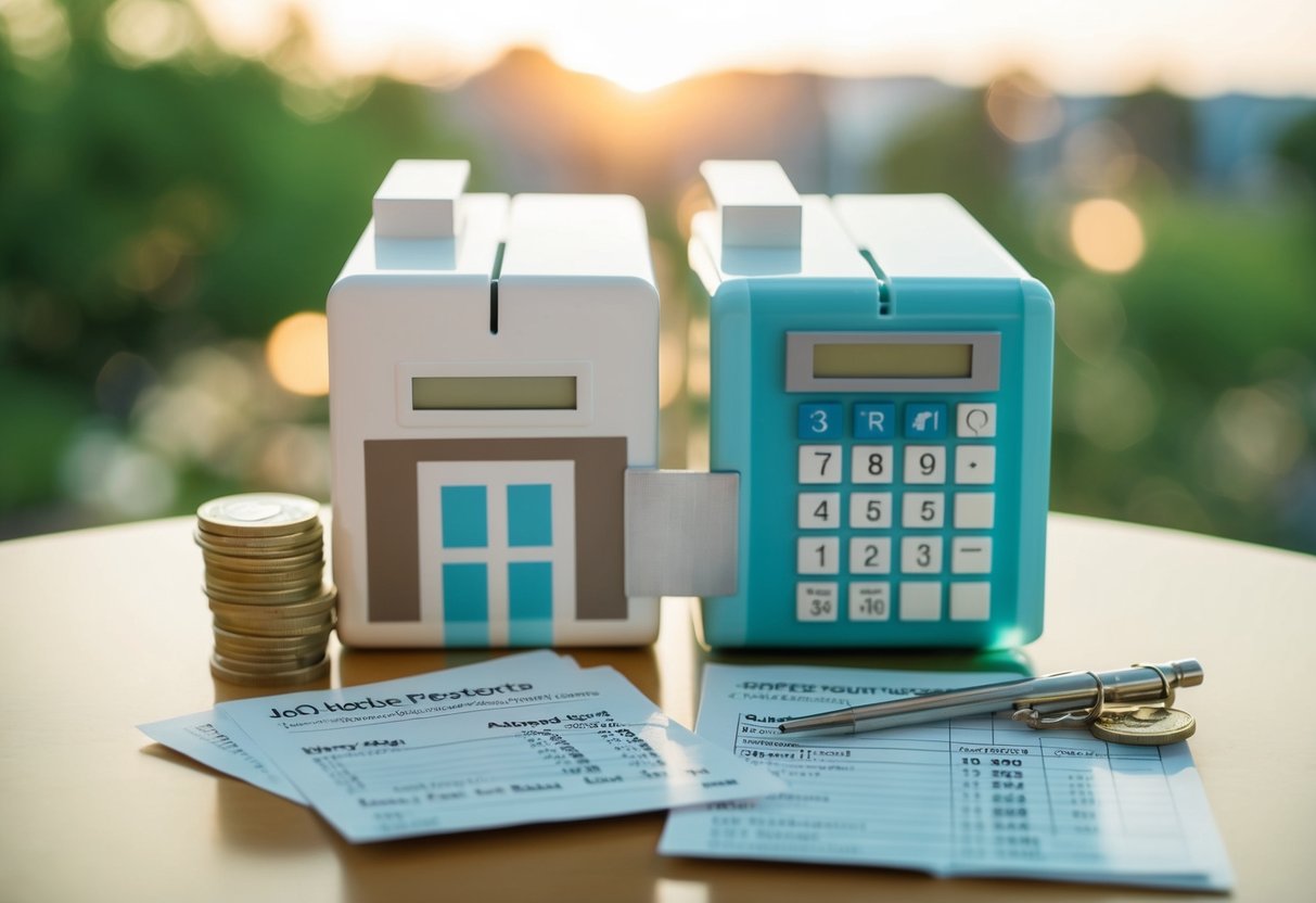 A couple's shared finances: a joint bank account with wedding expenses listed, bills and receipts, and a calendar with payment due dates