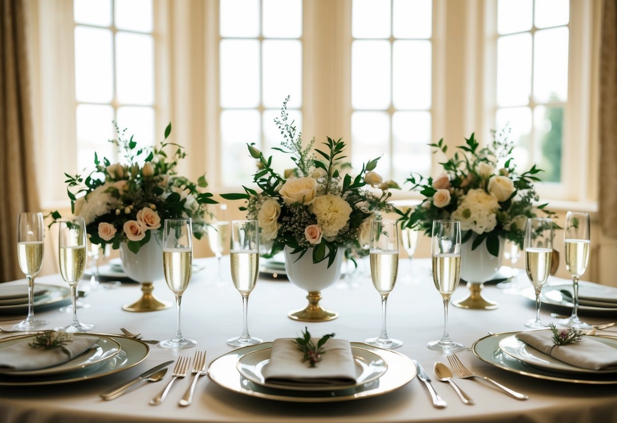 A group of elegant place settings with floral centerpieces and champagne flutes arranged on a table in a sunlit room