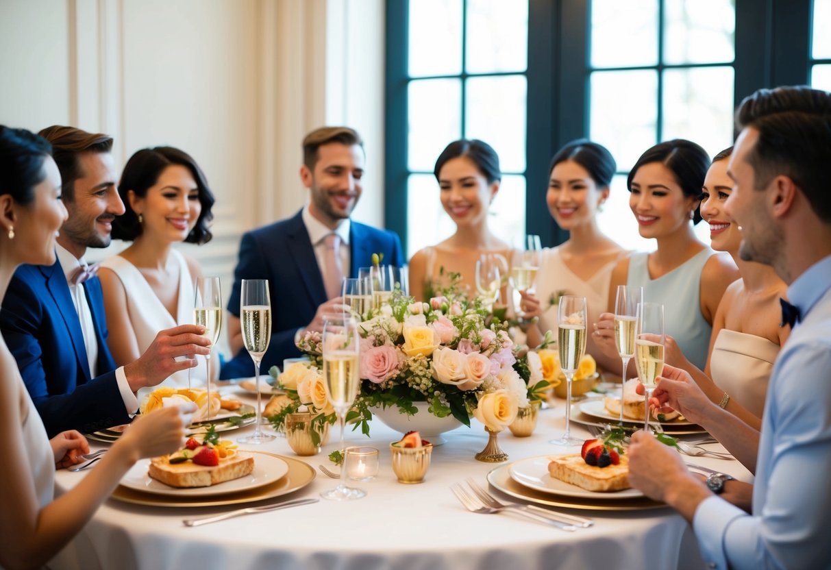 A group of elegantly dressed individuals gather around a beautifully set table, enjoying a brunch spread with champagne flutes and floral centerpieces