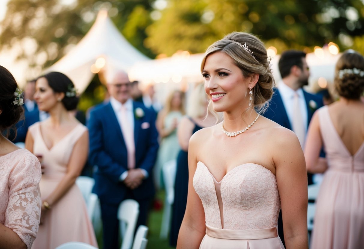 A female guest in a soft pink dress at a wedding