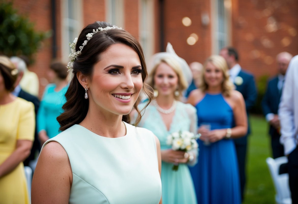 A female guest wearing a pastel-colored dress at a wedding