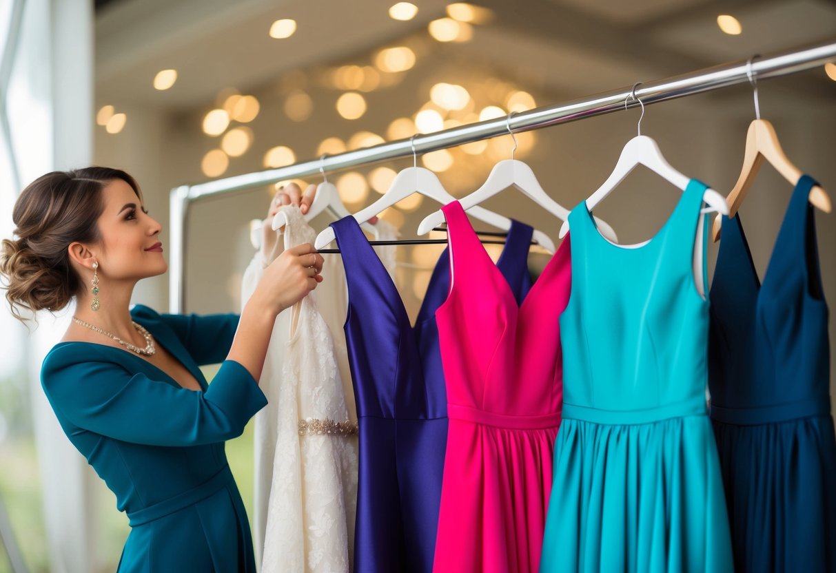 A woman holding up different colored dresses, pondering which one to wear to a wedding