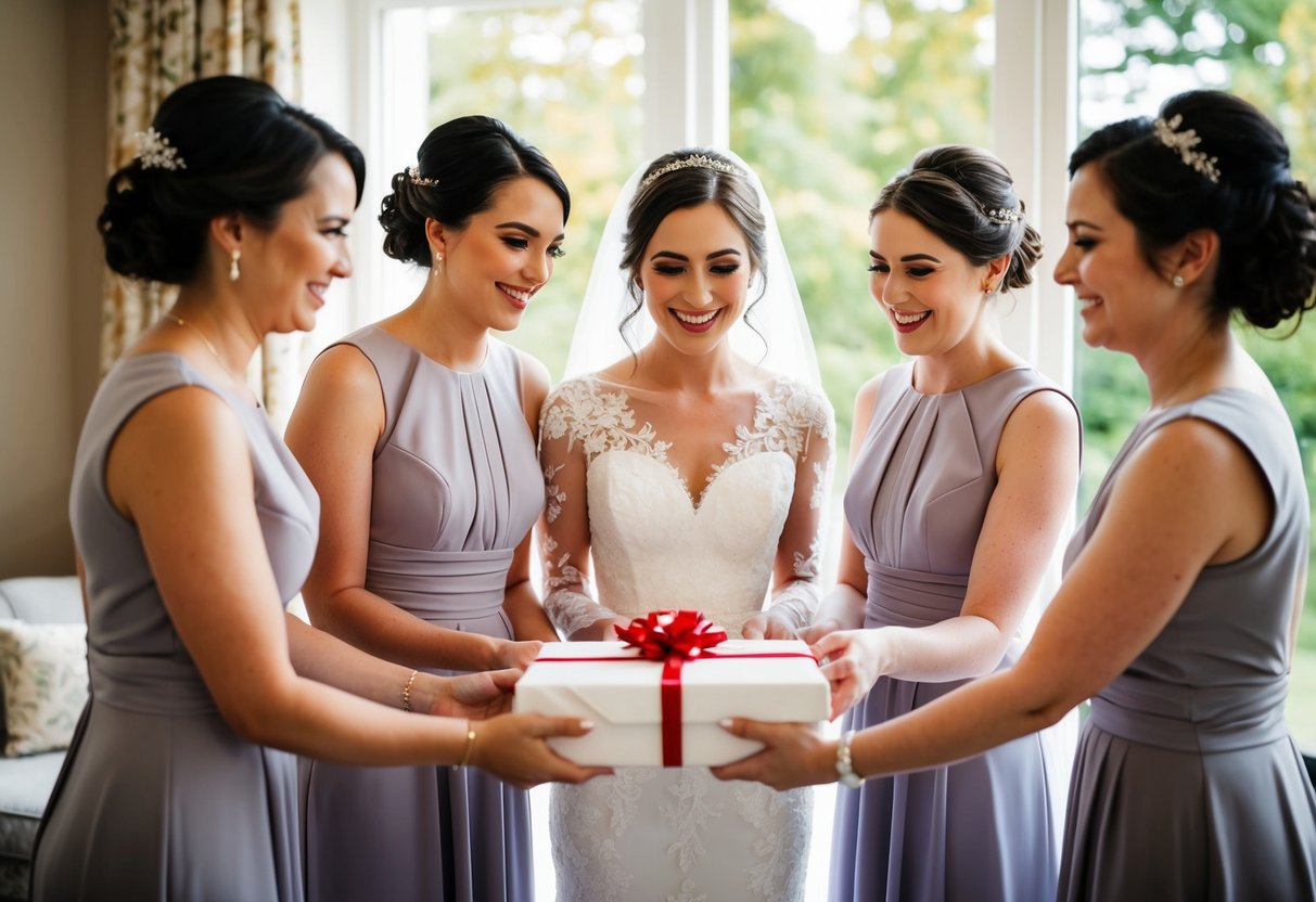 Bridesmaids presenting a gift to the bride on her wedding day
