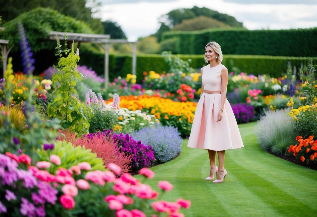 A vibrant garden with a variety of colorful flowers and a female guest in a stylish dress of a soft pastel color