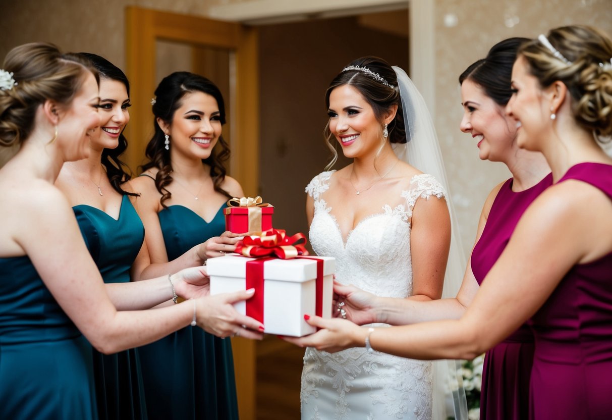 Bridesmaids presenting a gift to the bride on her wedding day