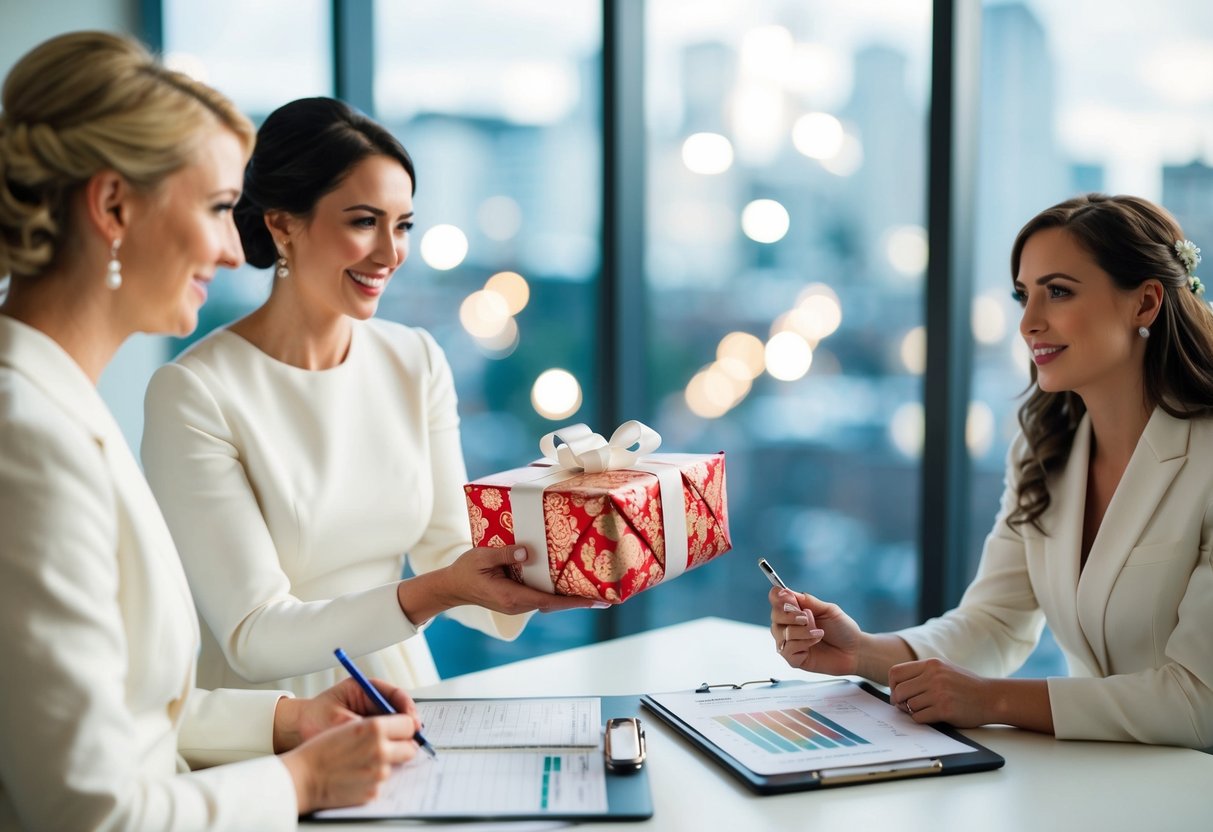 A bridesmaid holds a beautifully wrapped gift in one hand while managing a spreadsheet of wedding contributions with the other