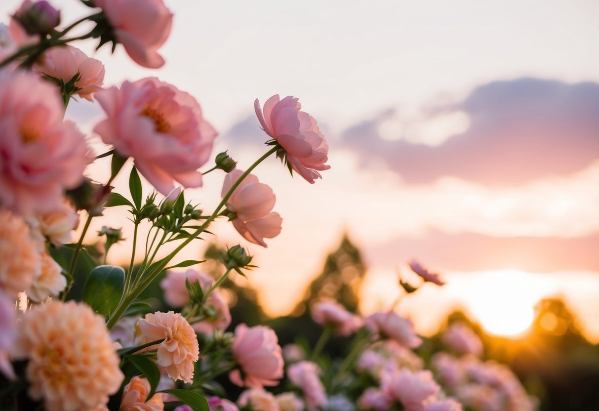 Soft pink and peach hues illuminate a garden ceremony. A gentle sunrise casts a warm glow over blooming flowers and delicate decorations