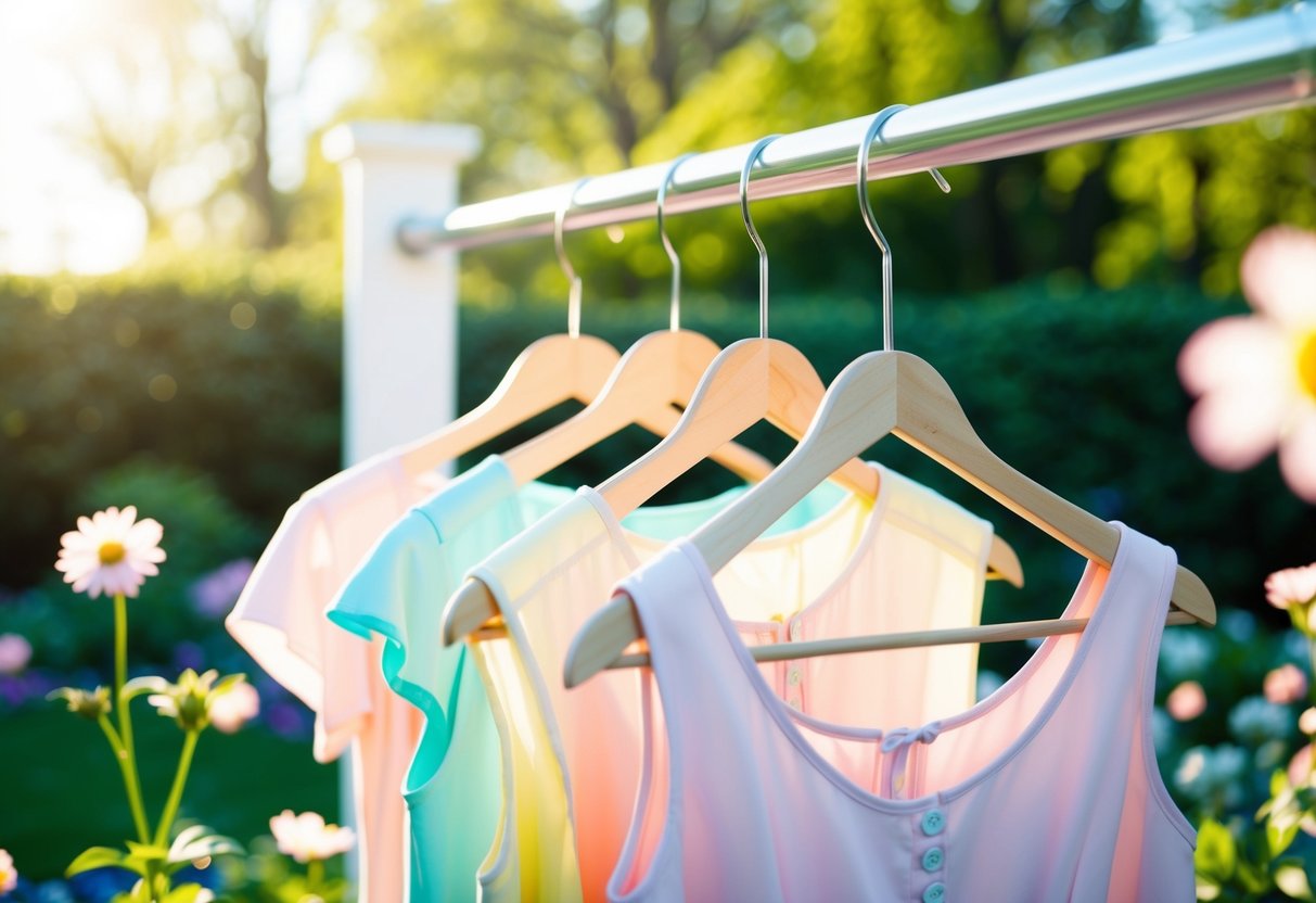 A sunny garden with pastel-colored attire on hangers, surrounded by blooming flowers and soft morning light