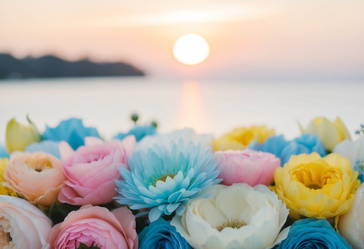 A soft palette of pastel pinks, blues, and yellows, set against a backdrop of a serene sunrise, creates the perfect ambiance for a morning wedding