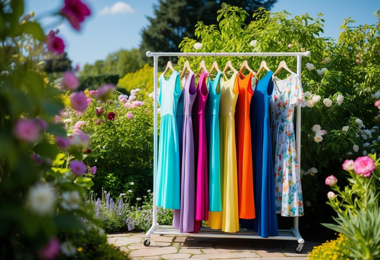 A sunlit garden with a variety of colorful dresses hanging on a clothing rack, surrounded by blooming flowers and greenery