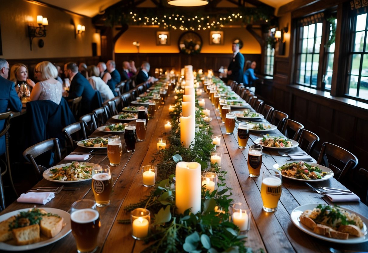 A rustic pub wedding with long wooden tables adorned with candles and greenery. A buffet of hearty pub fare and a selection of craft beers are displayed for the guests to enjoy