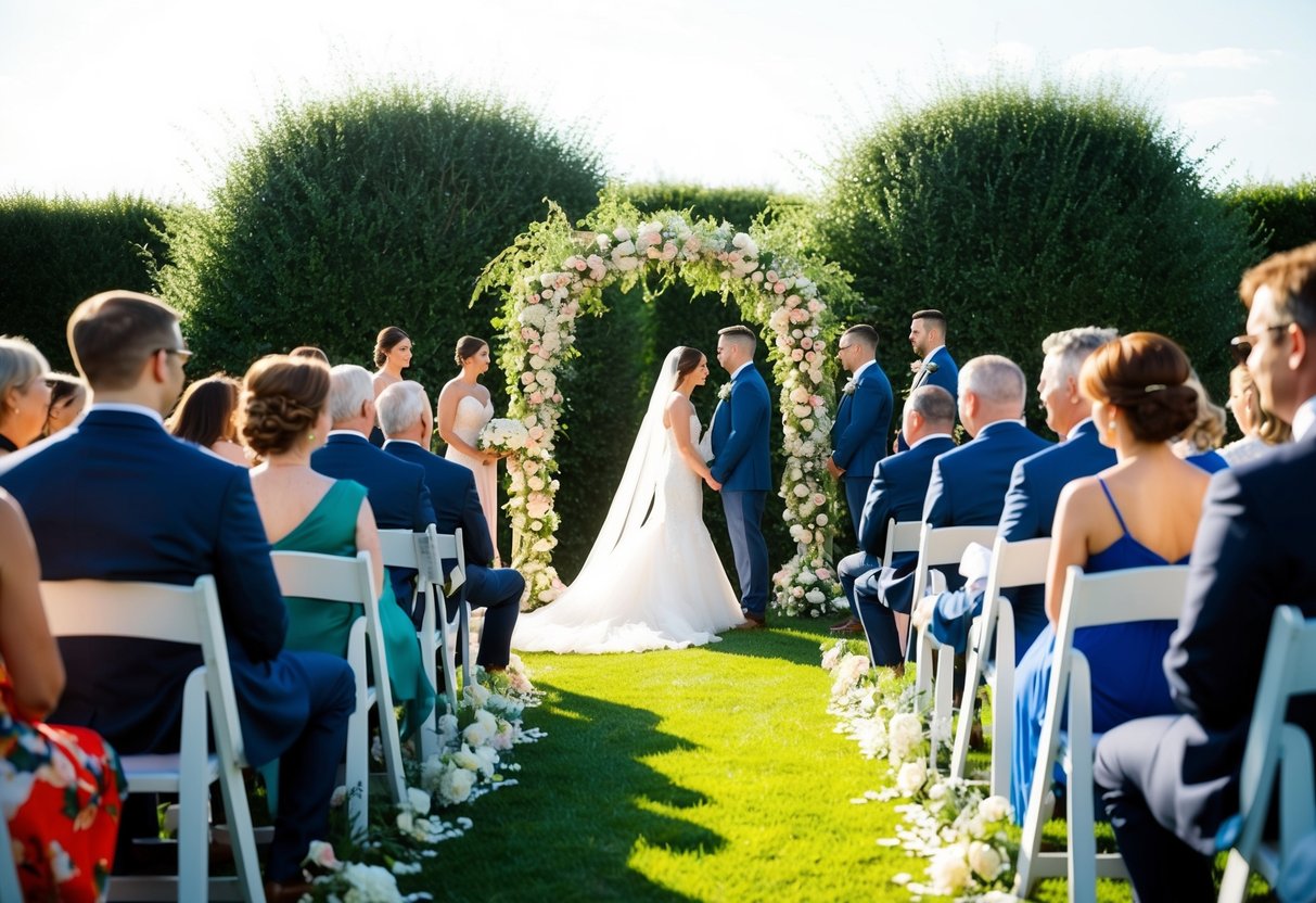 A sunlit outdoor wedding ceremony with guests seated and a flower-covered archway