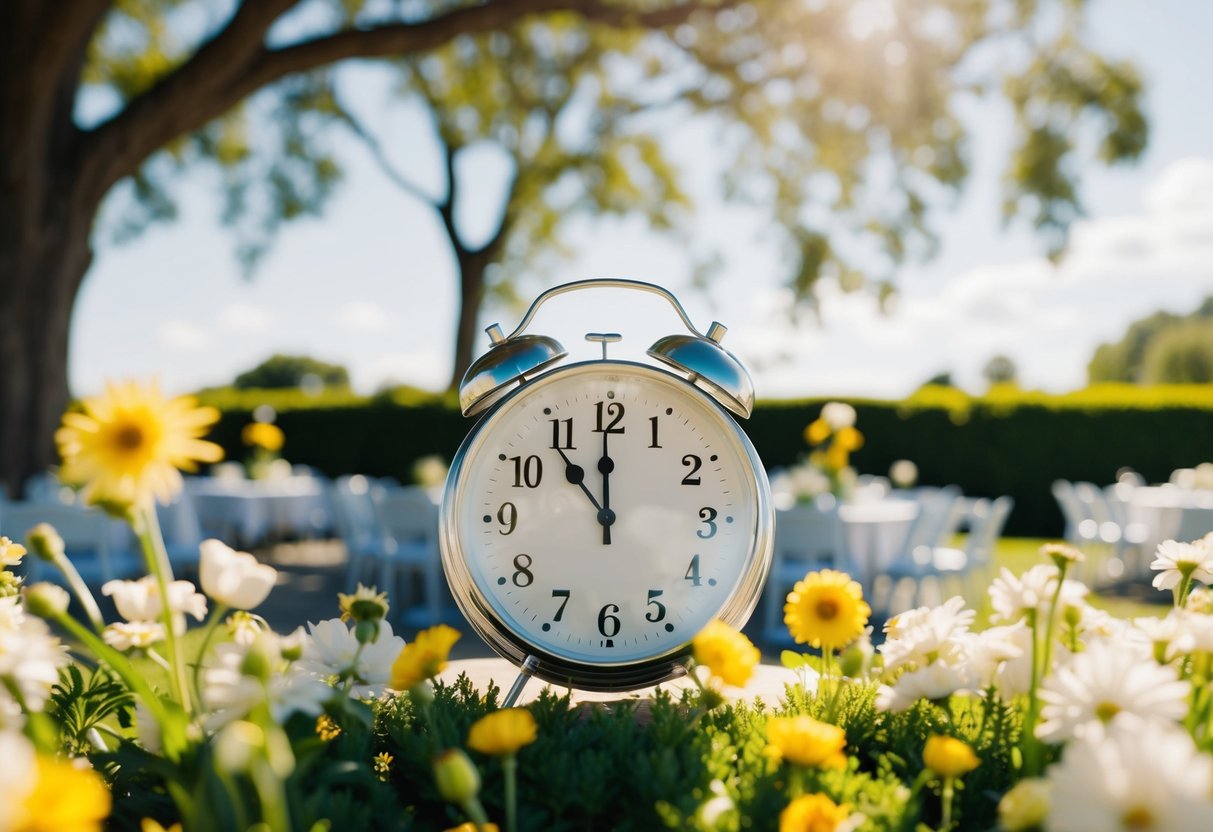 A sunny outdoor wedding venue with a clock showing 2pm, surrounded by blooming flowers and a serene atmosphere