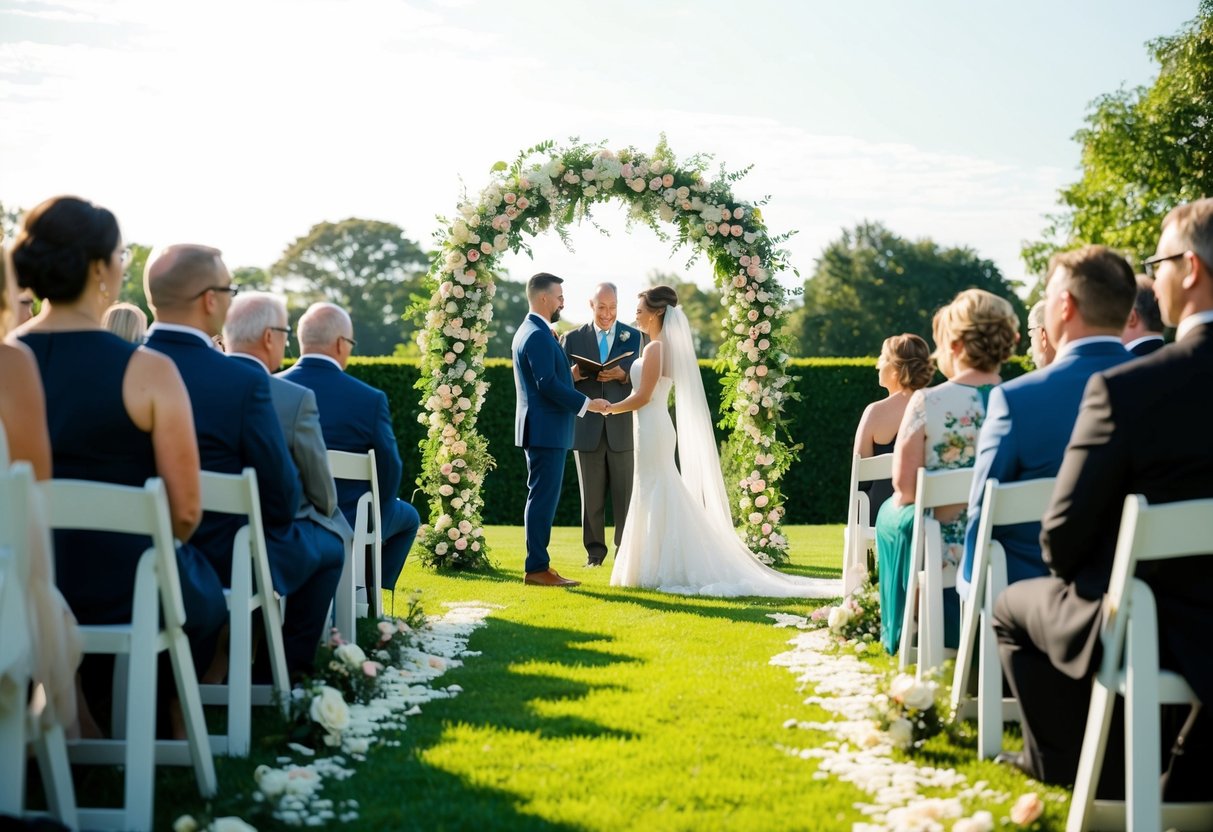 A sunlit outdoor wedding ceremony with guests seated and a floral arch at the end of a grassy aisle. The bride and groom stand beneath the arch, exchanging vows
