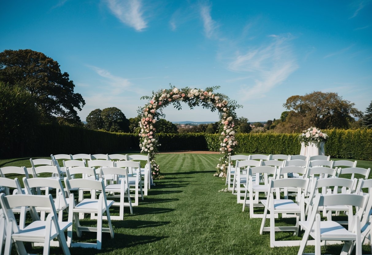 A sunny outdoor wedding ceremony with a floral arch and rows of white chairs set up on a green lawn, surrounded by trees and blue skies