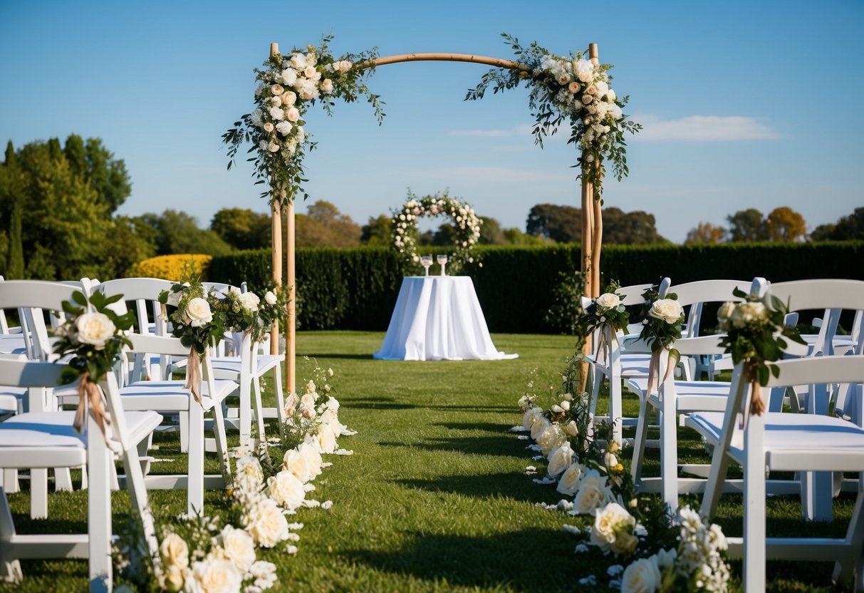 A sunny outdoor wedding ceremony with flowers, chairs, and an archway set up for a 2pm start