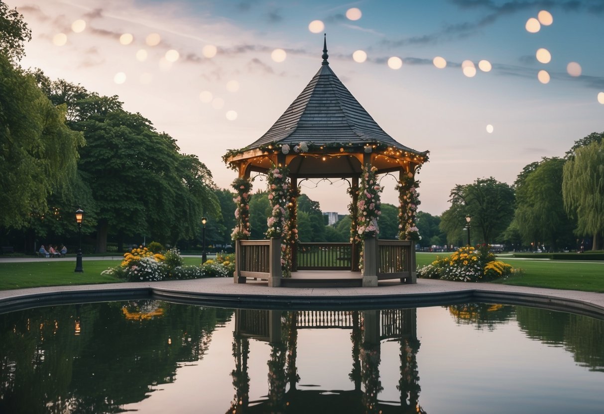 A cozy park gazebo adorned with flowers and fairy lights, overlooking a serene pond in London